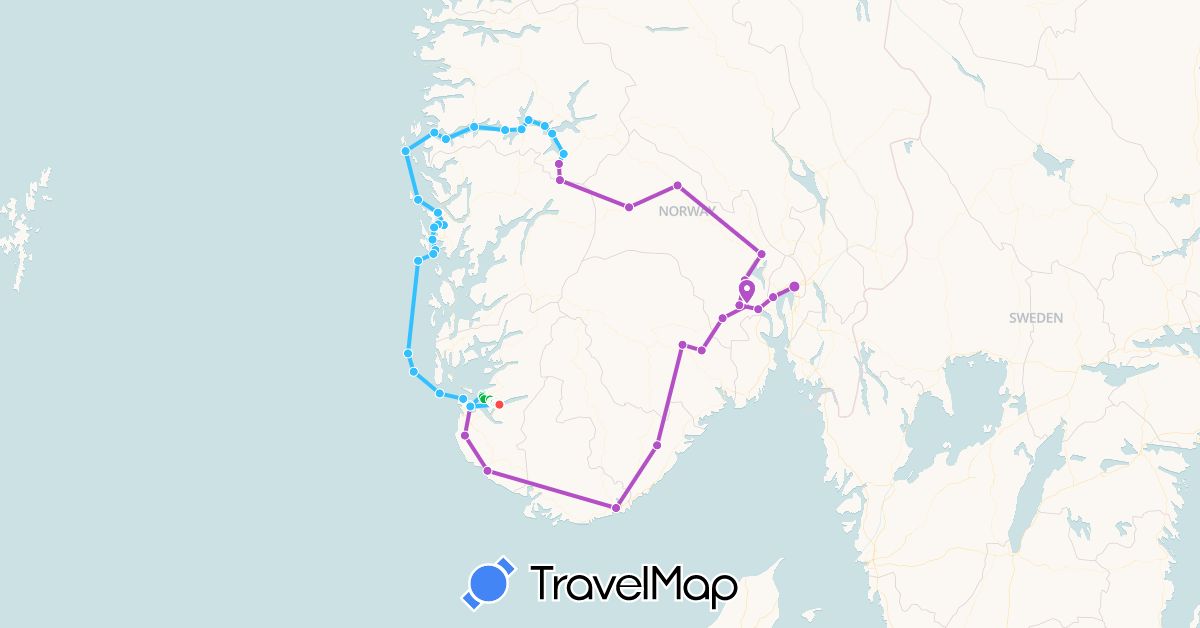 TravelMap itinerary: bus, train, hiking, boat in Norway (Europe)